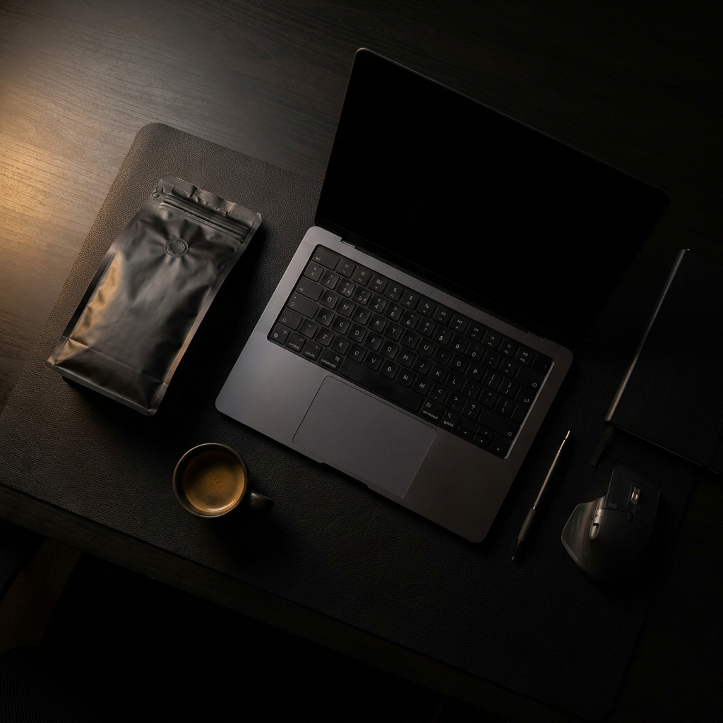 A dark, minimal desk setup with a bag of MTHD Protocol.01, a laptop, and a fresh espresso shot